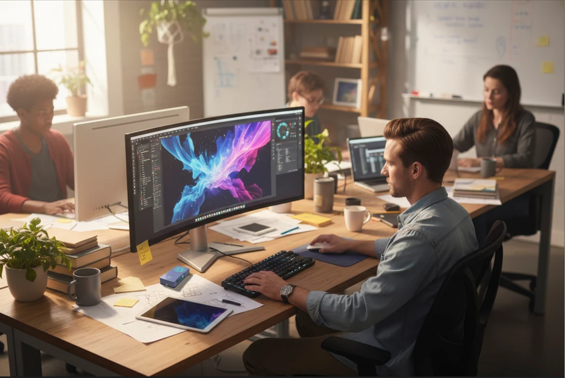 A professional working at a desk with coMra Flow nearby