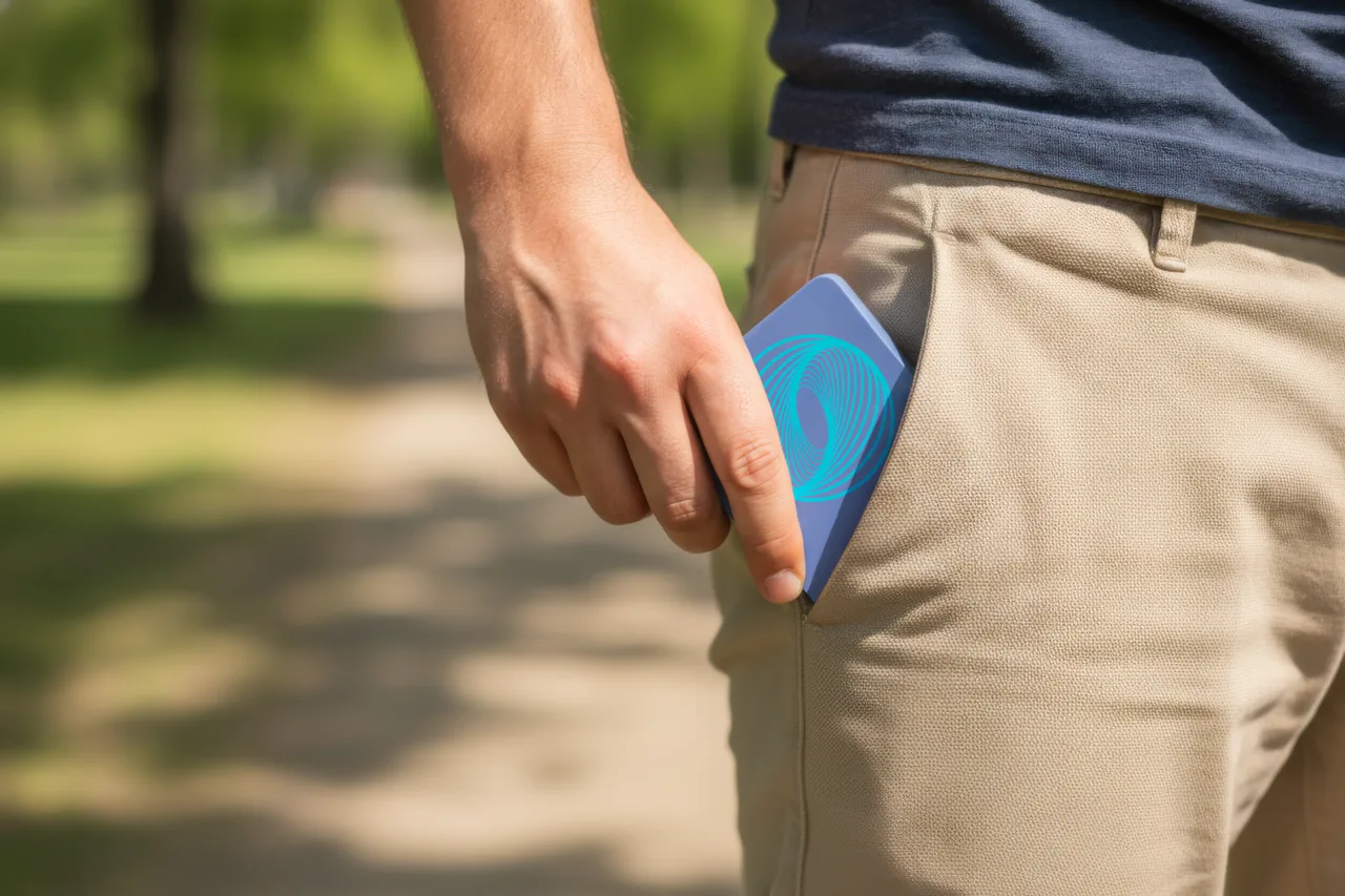 A person slipping coMra Flow into a pocket on a walk outdoors