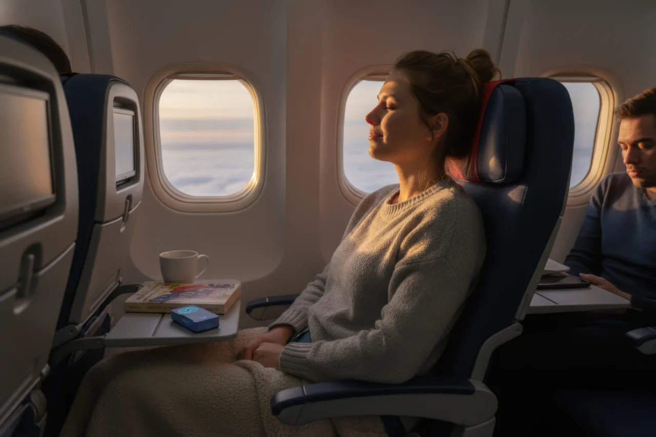A traveler relaxing with coMra Flow on a flight